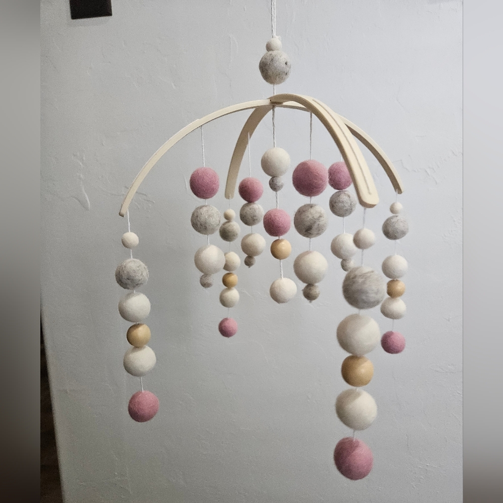 Pink and Cream Felt Ball Mobile